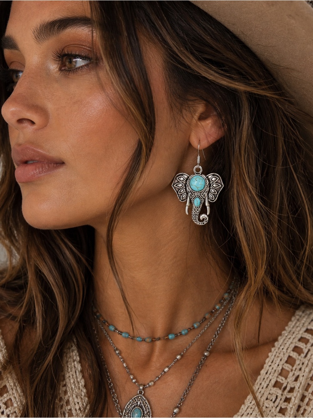 ✨ Antiqued Silver Elephant Pendant Earrings – Turquoise Boho Charm ✨